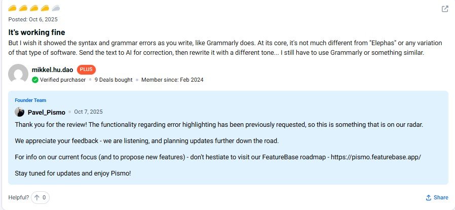 Pismo Review Smarter Writing Editing & Translation in One 12 Pismo Customer Review