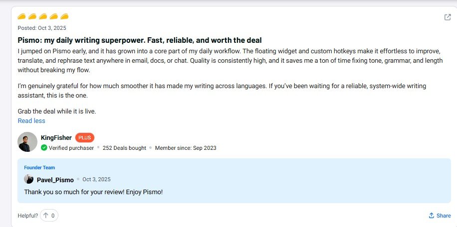 Pismo Review Smarter Writing Editing & Translation in One 13 Pismo Customer Review